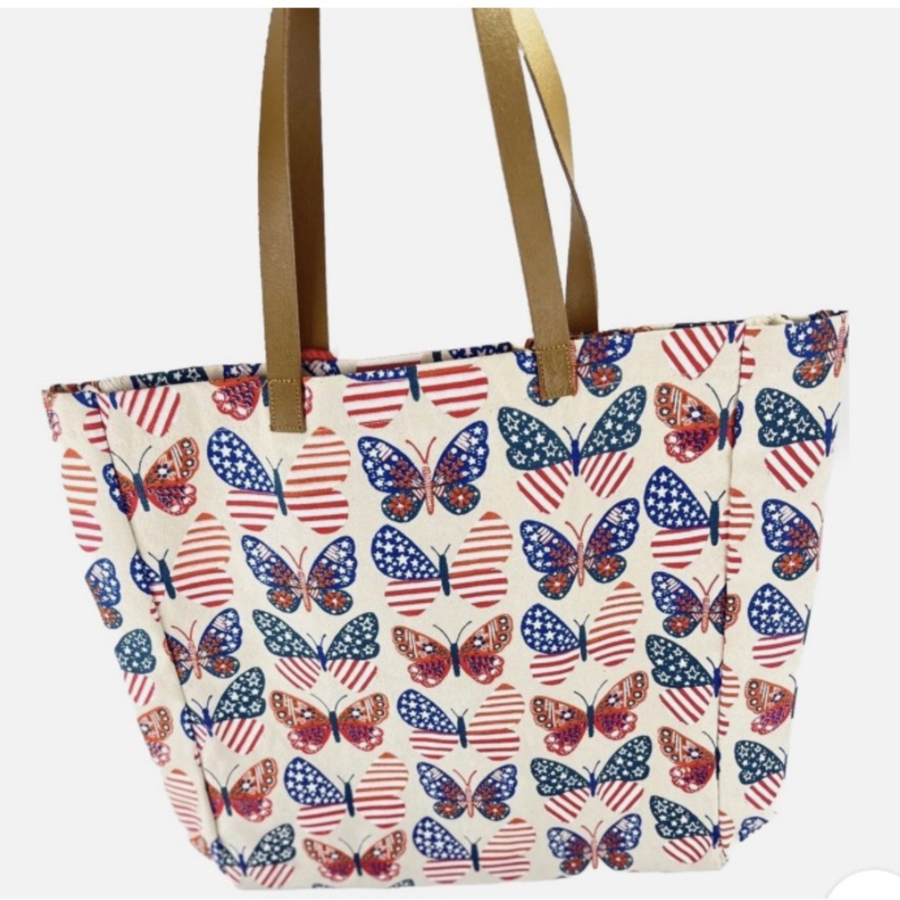 Loni Harris Beach Tote Bag 17 "x15" Pom Pom Red White Blue Butterflies Canvas.